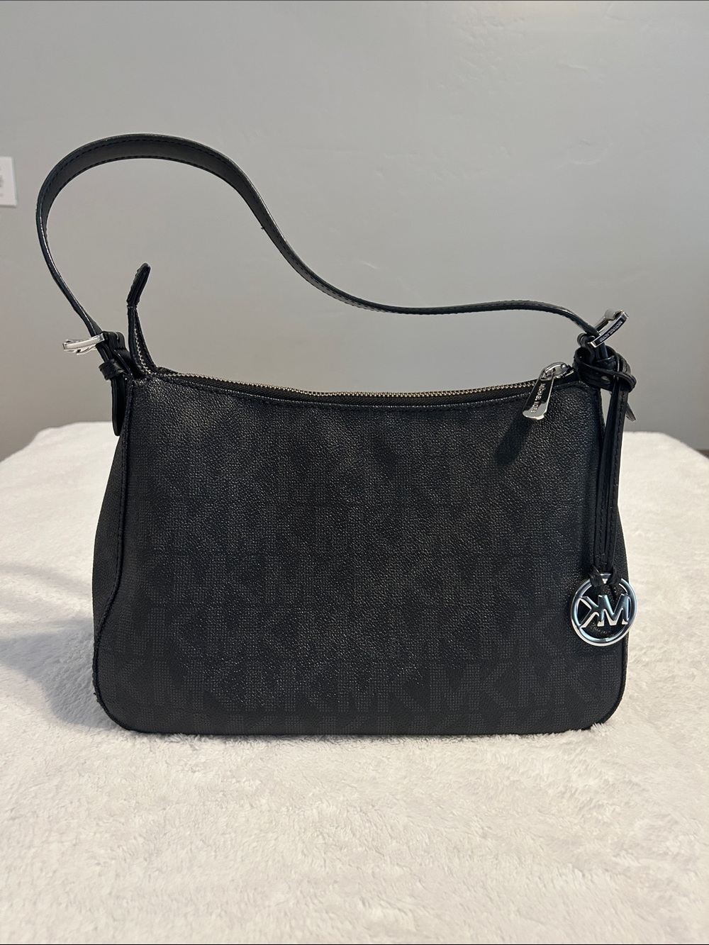 Michael Kors Black Logo-Embossed Shoulder Bag with MK Charm